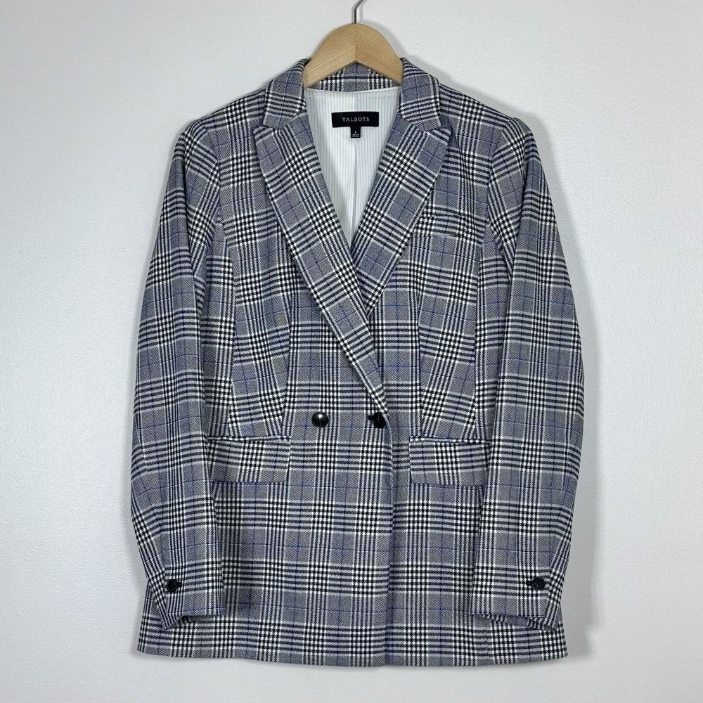 Talbots Womens Glen Plaid Blazer Size 6 Gray Double Breasted Old Money Preppy - Picture 2 of 12